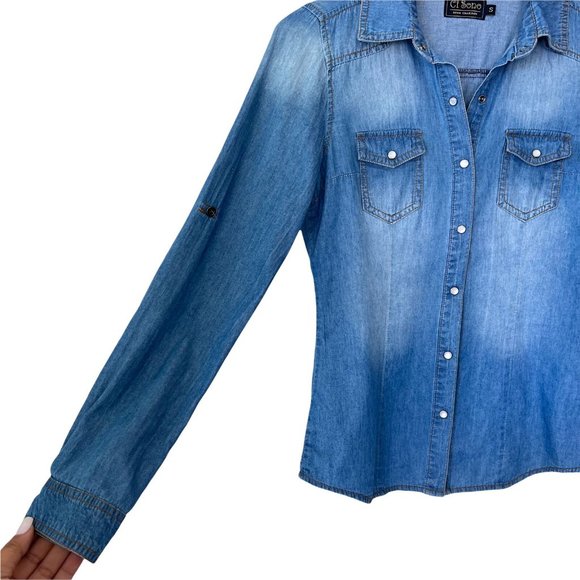 Ci Sono Womens Blue Dark Wash Long Sleeve Collared  Denim Button Up Shirt Size S - Picture 6 of 12